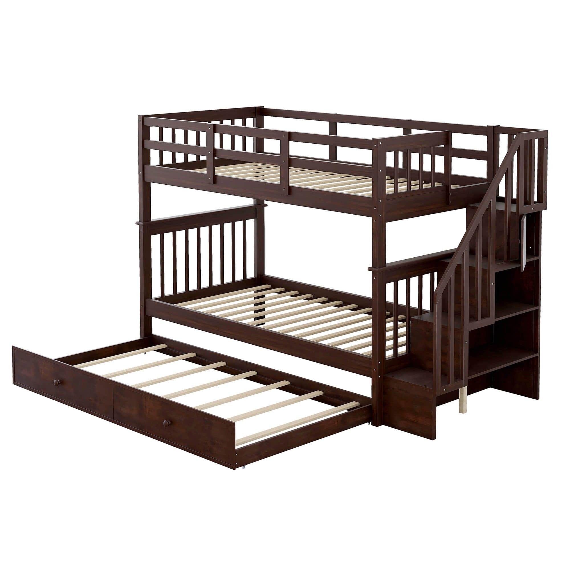 Twin Over Twin Bunk Beds with Stairs and Trundle, Storage - [Convertible, Shelves]