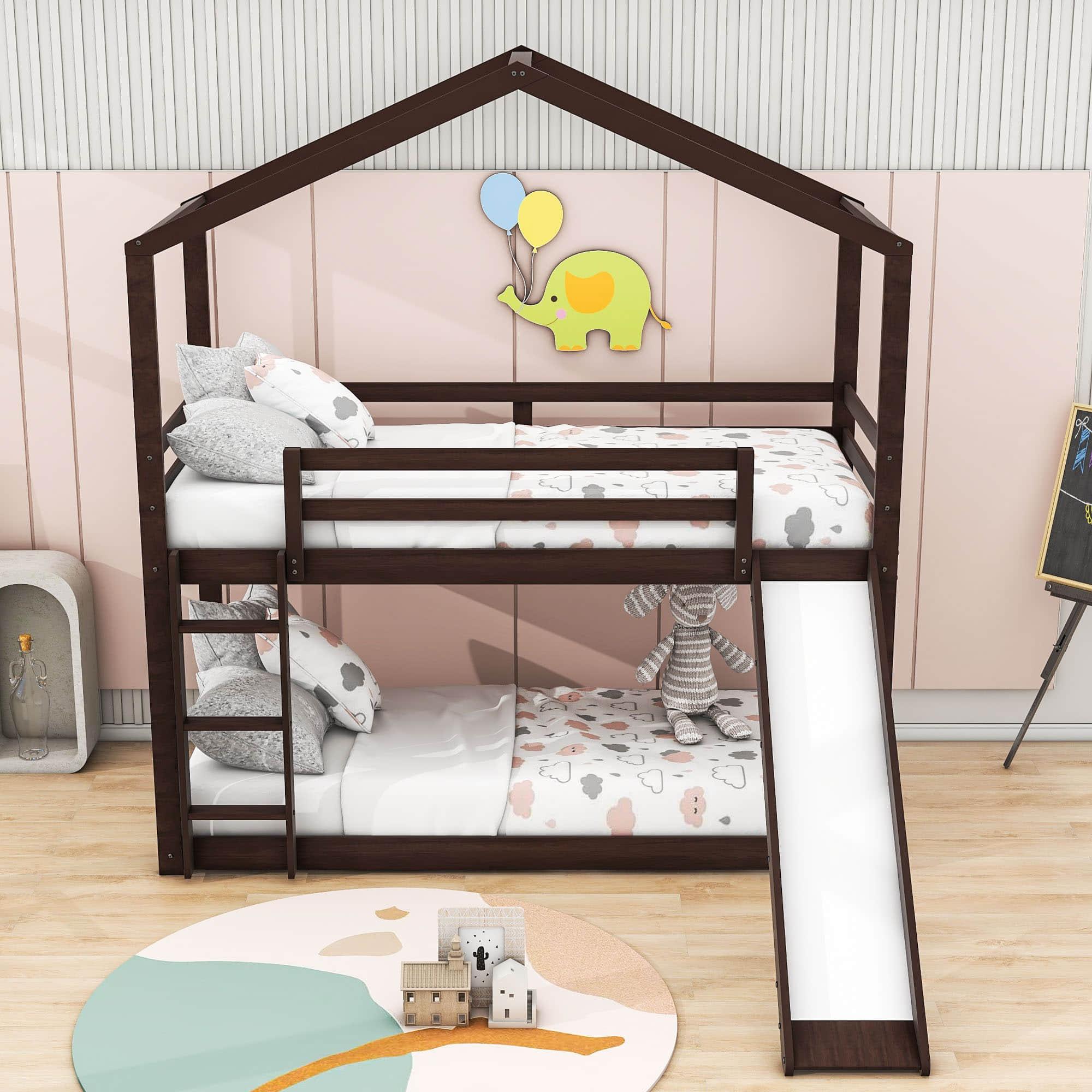 Low Fun Twin Over Twin House Bunk Beds for Kids with Slide - [Floor]