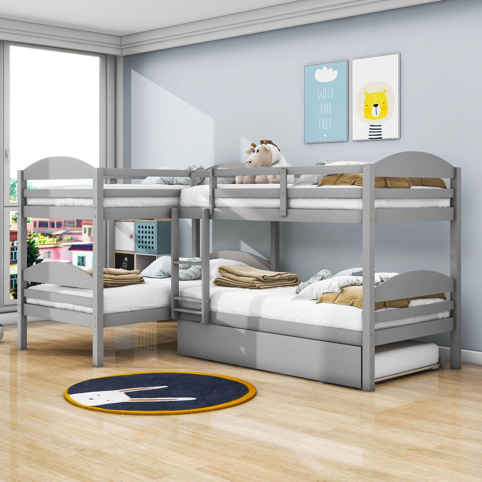 Twin Corner Quad Bunk Beds with Trundle for Kids - [Wooden, L-Shaped]