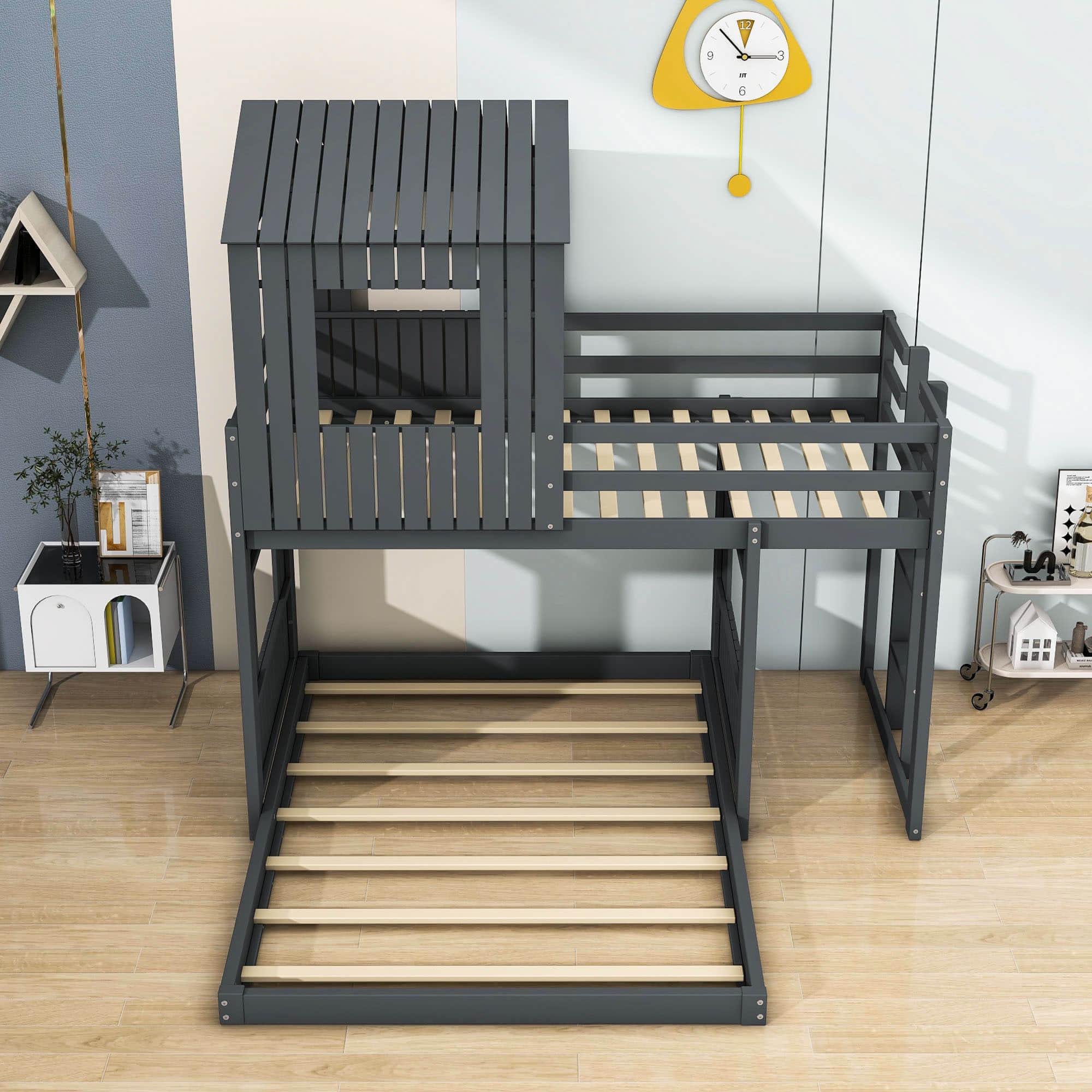 Fun Wooden L-Shaped Twin Over Full House Bunk Beds for Kids - [Low to Floor]