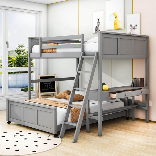 L-Shaped Full Over Full Bunk Beds with Desk and Storage Drawers Wooden