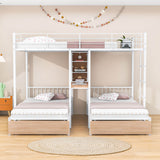 L-Shaped Full Over Twin & Twin Metal Triple Bunk Bed with Desk and Storage