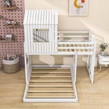 Fun Wooden L-Shaped Twin Over Full House Bunk Beds for Kids - [Low to Floor]