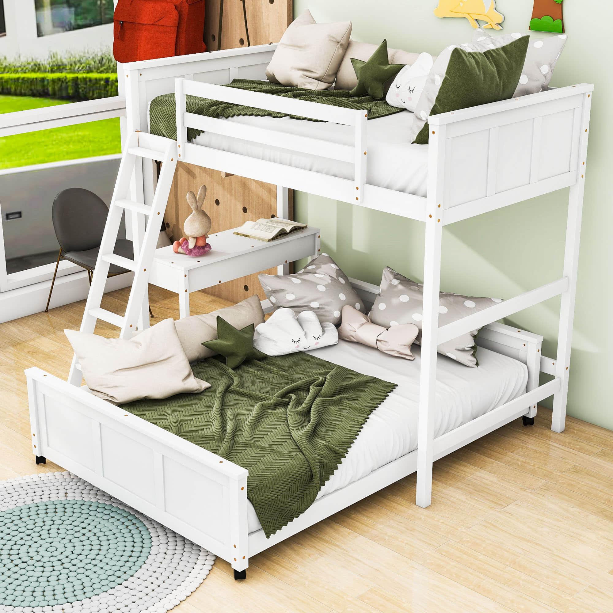 L-Shaped Twin Over Full Bunk Beds with Desk and Storage Drawers Wooden