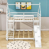 Low Twin Over Queen House Bunk Beds with Climbing Ramp & Nets - [Wooden]