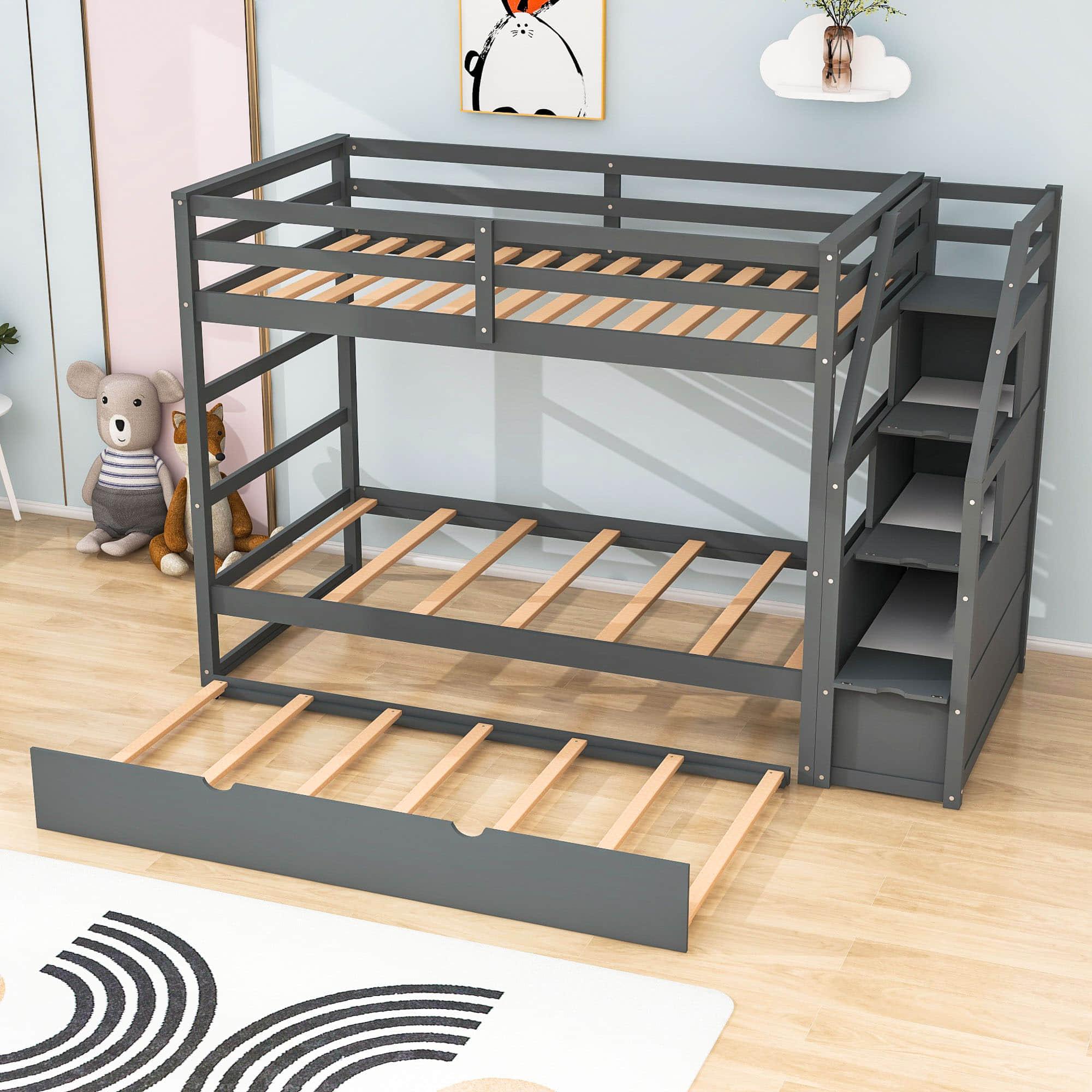 Low Twin Over Twin Bunk Beds for Kids with Storage Stairs and Trundle