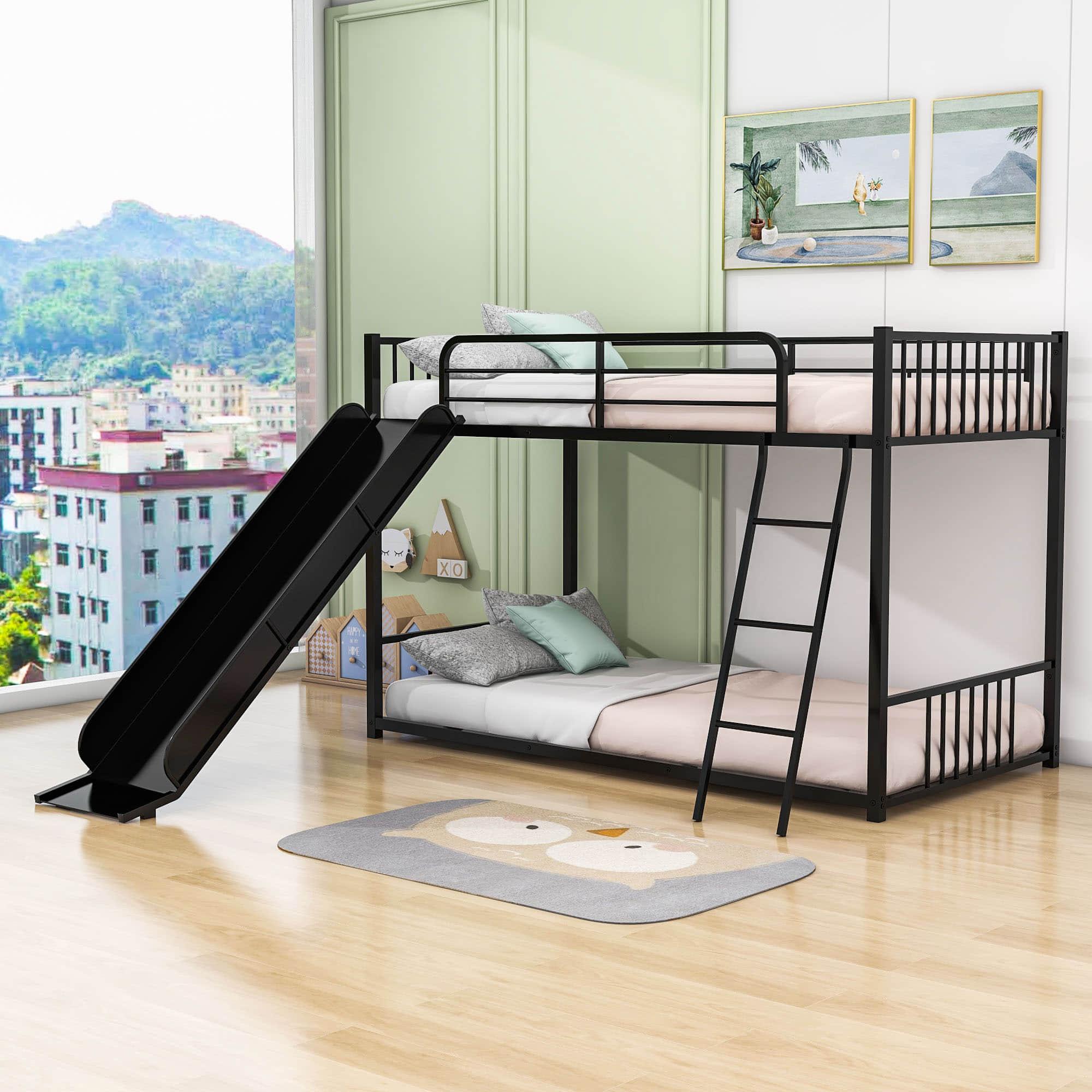 Low Twin Over Twin Bunk Beds with Slide for Kids, Toddler - [Metal]