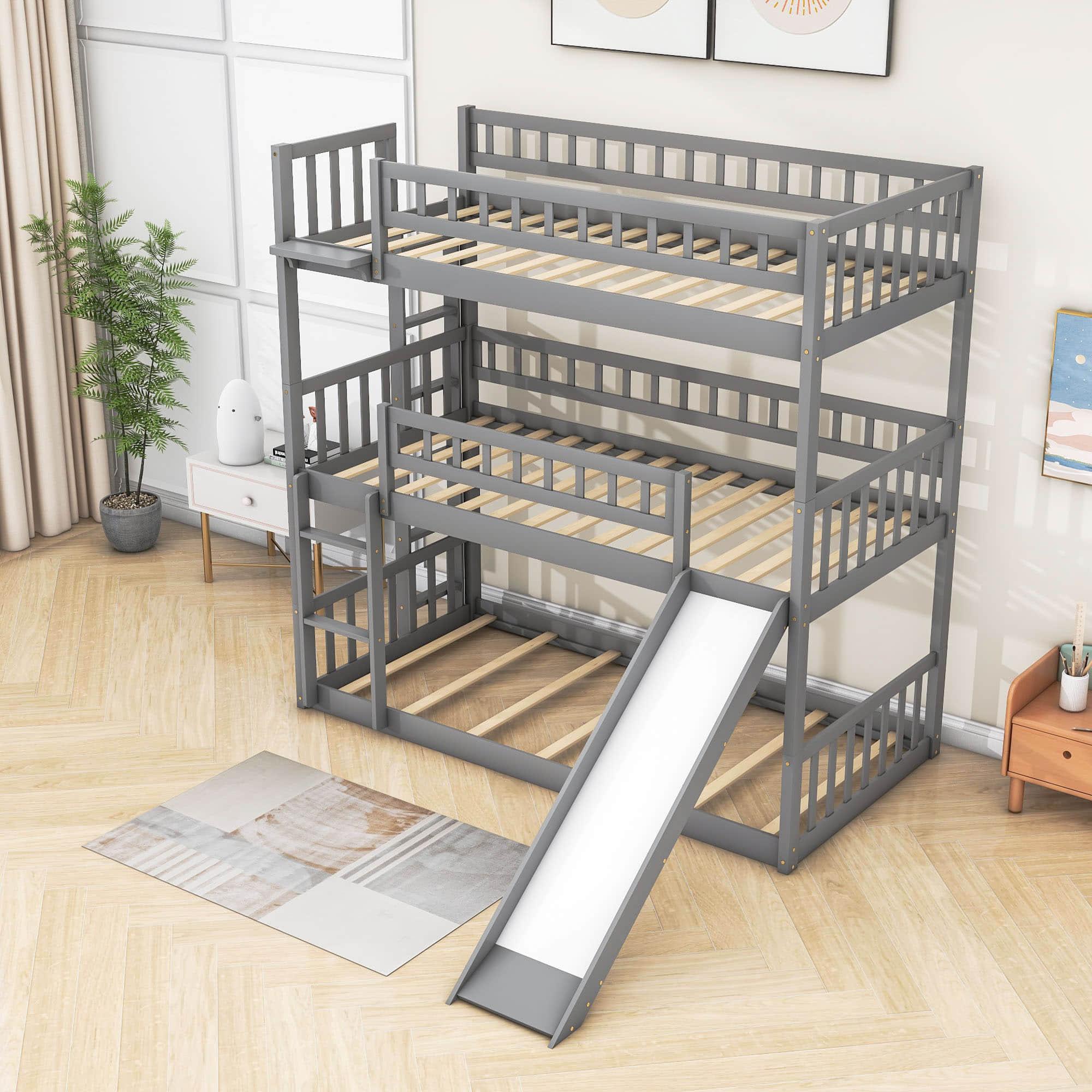 3 Level Low Twin Triple Bunk Beds with Slide for Kids, Toddler - [Wood, Convertible]