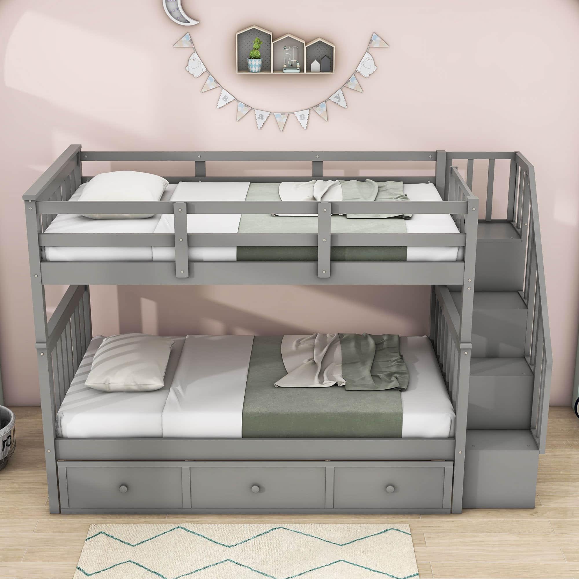 Twin Over Twin Bunk Bed With Stairs and Storage - [Drawers, Shelves, Wood]