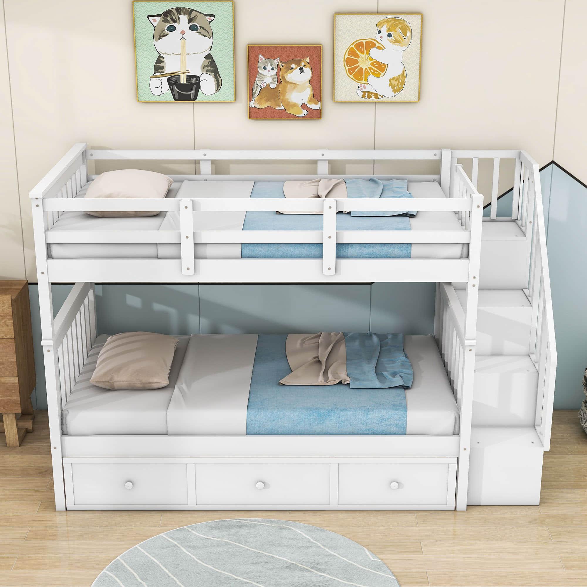 Twin Over Twin Bunk Bed With Stairs and Storage - [Drawers, Shelves, Wood]