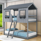 Twin Over Twin House Bunk Beds for Kids Toddler - Wooden, Low, Floor