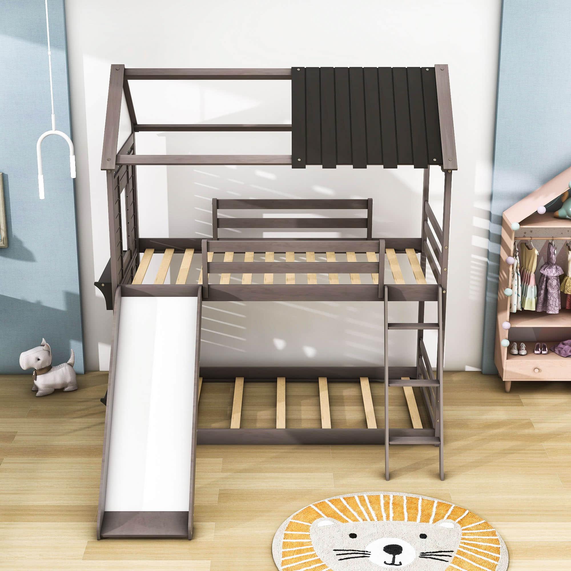 Low Twin Over Twin FarmHouse Bunk Beds with Slide for Kids, Toddler - [Wood, Floor]