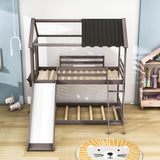 Low Twin Over Twin FarmHouse Bunk Beds with Slide for Kids, Toddler - [Wood, Floor]