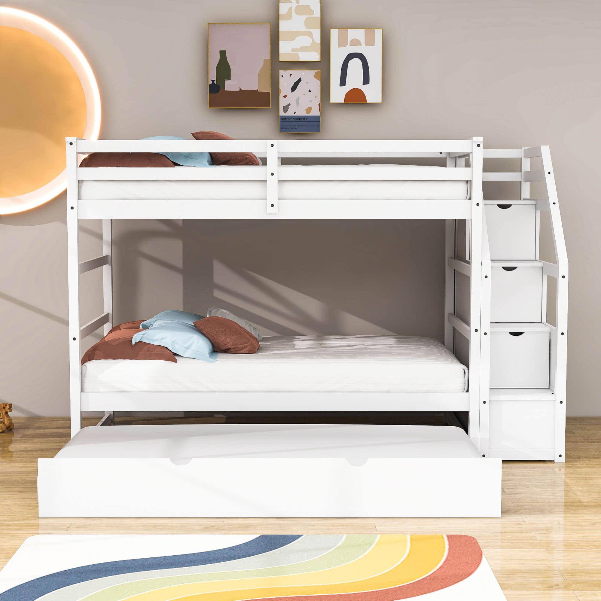 Low Twin Over Twin Bunk Beds for Kids with Storage Stairs and Trundle