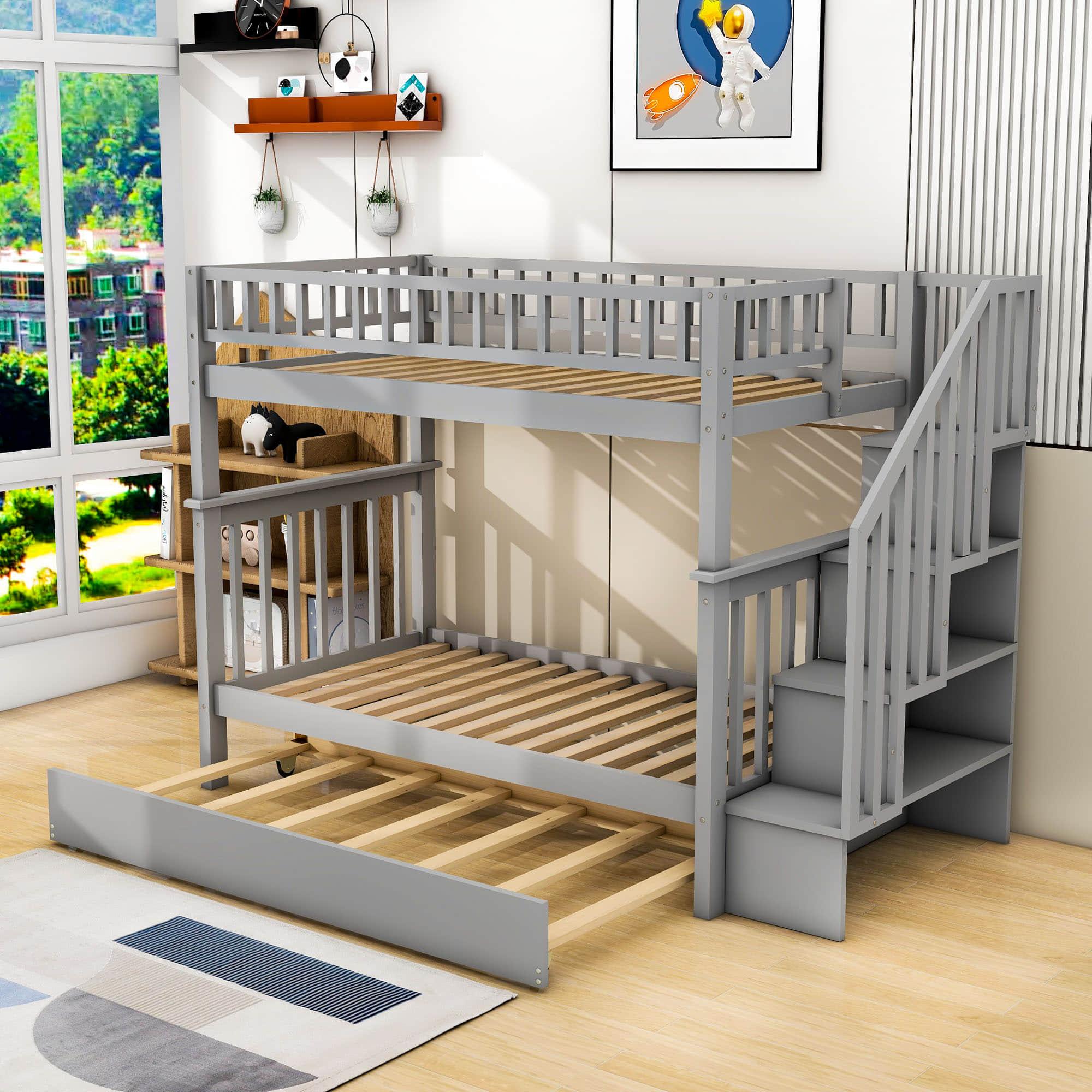 Convertible Twin Over Twin Bunk Bed with Stairs and Storage, Trundle