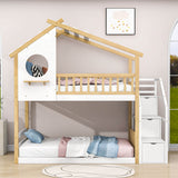 Low Twin Over Twin House Bunk Beds with Stairs and Storage for Kids, Toddler - [Floor]