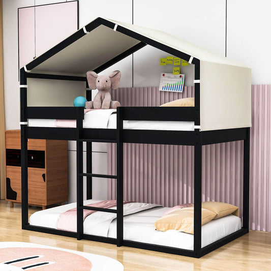 Solid Wood Low Twin Over Twin House Bunk Beds with Tent for Kids Toddler