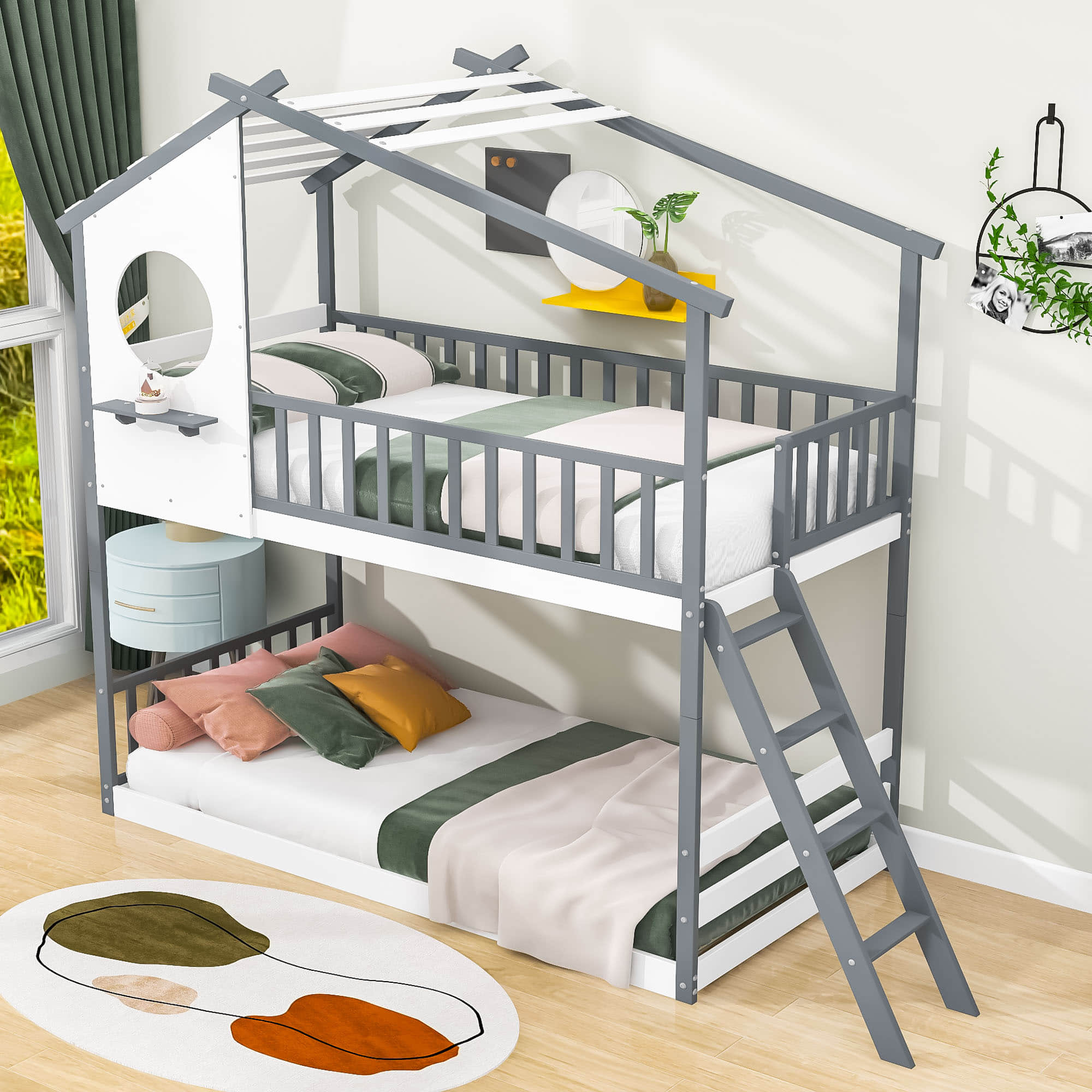 Low to Floor Twin Over Twin House Bunk Beds for Toddler, Kids - [Wood]