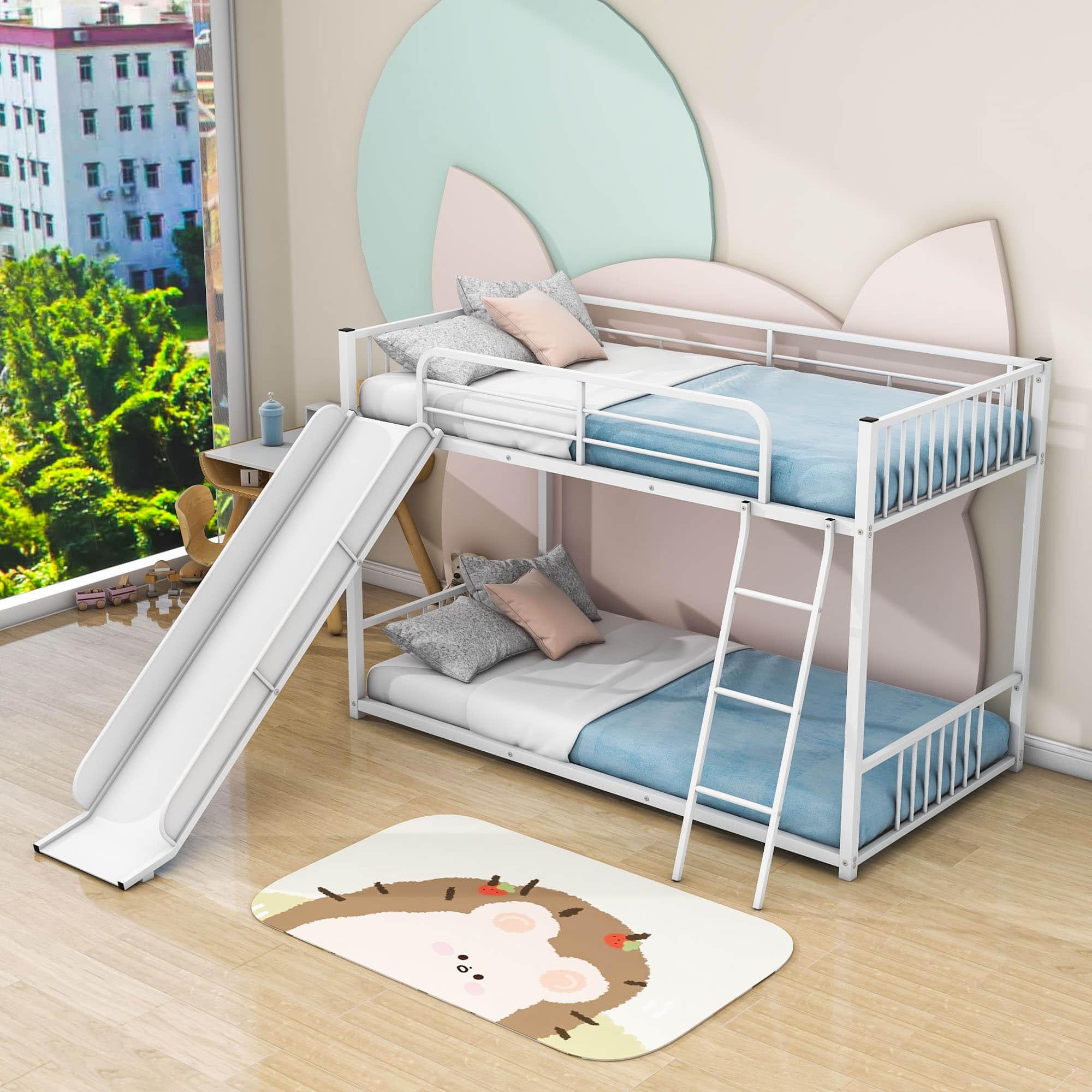 Low Twin Over Twin Bunk Beds with Slide for Kids, Toddler - [Metal]