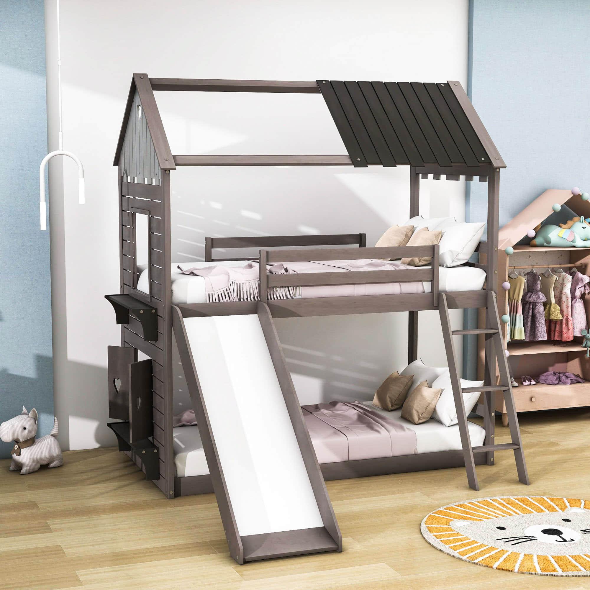 Low Twin Over Twin FarmHouse Bunk Beds with Slide for Kids, Toddler - [Wood, Floor]