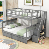 Wooden Twin Over Full Bunk Bed with Stairs and Trundle, Storage Shelves