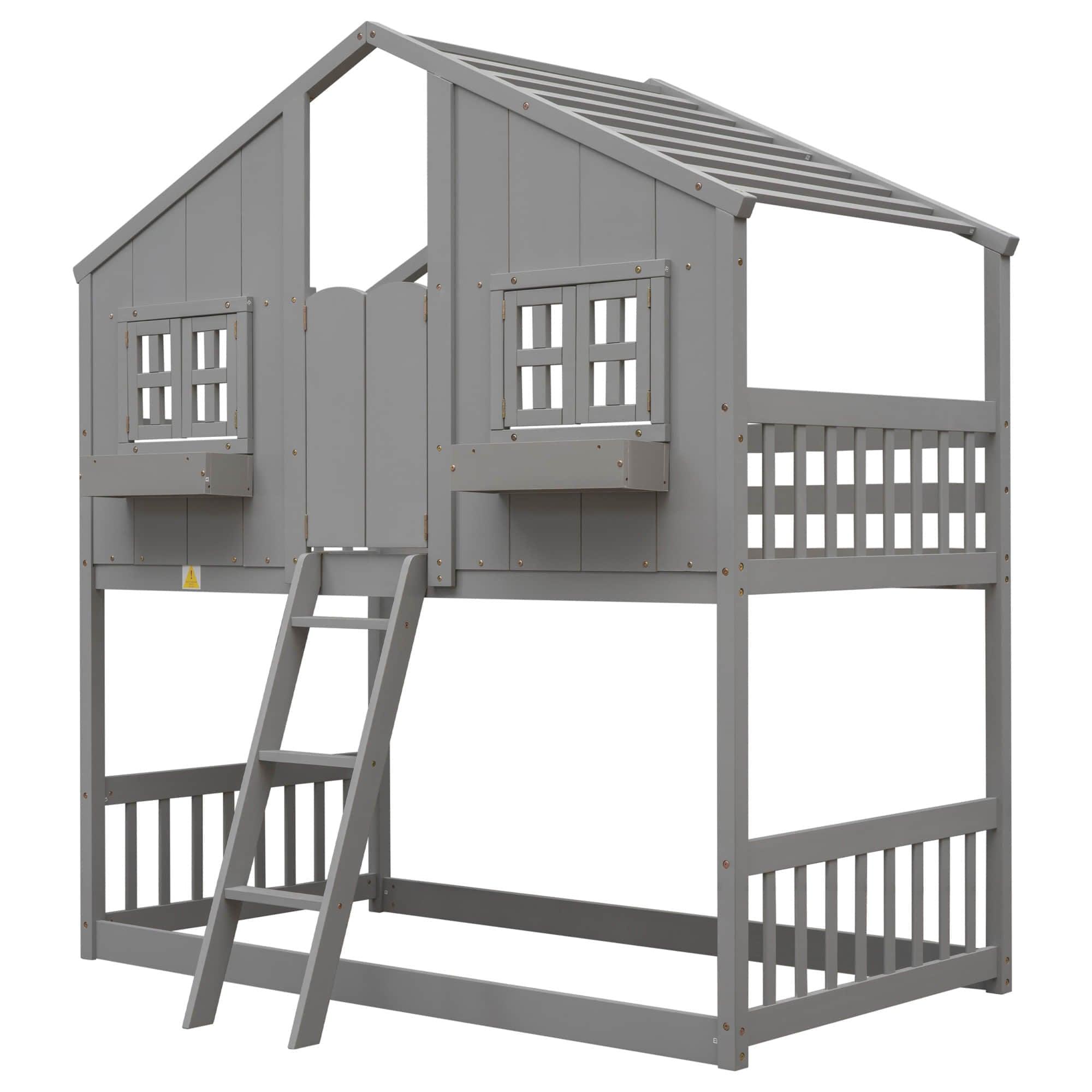 Low Twin Over Twin FarmHouse Bunk Beds for Kids, Toddler - [Wooden, Floor]