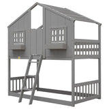 Low Twin Over Twin FarmHouse Bunk Beds for Kids, Toddler - [Wooden, Floor]