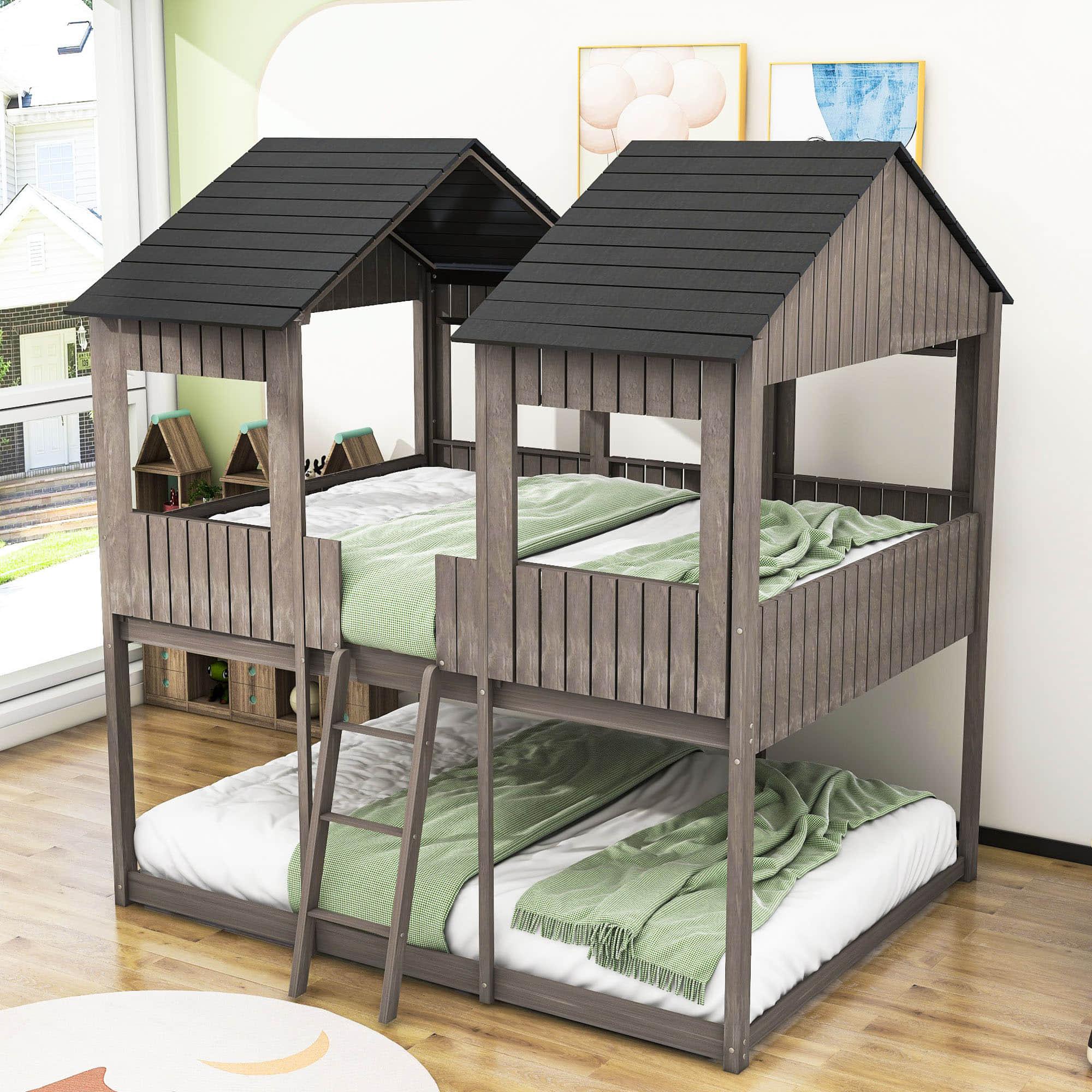 Wooden Full Over Full House Bunk Beds for Kids Toddler - Low, Floor