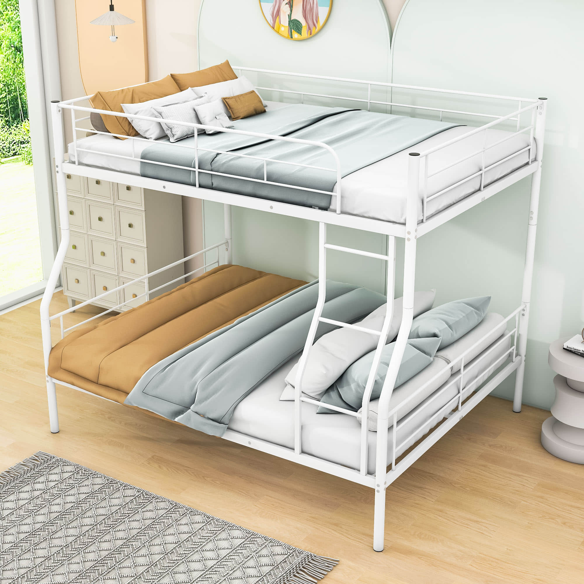 Full XL Over Queen Convertible Metal Bunk Beds for Adults, Kids