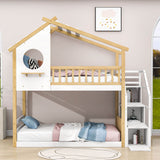 Low Twin Over Twin House Bunk Beds with Stairs and Storage for Kids, Toddler - [Floor]