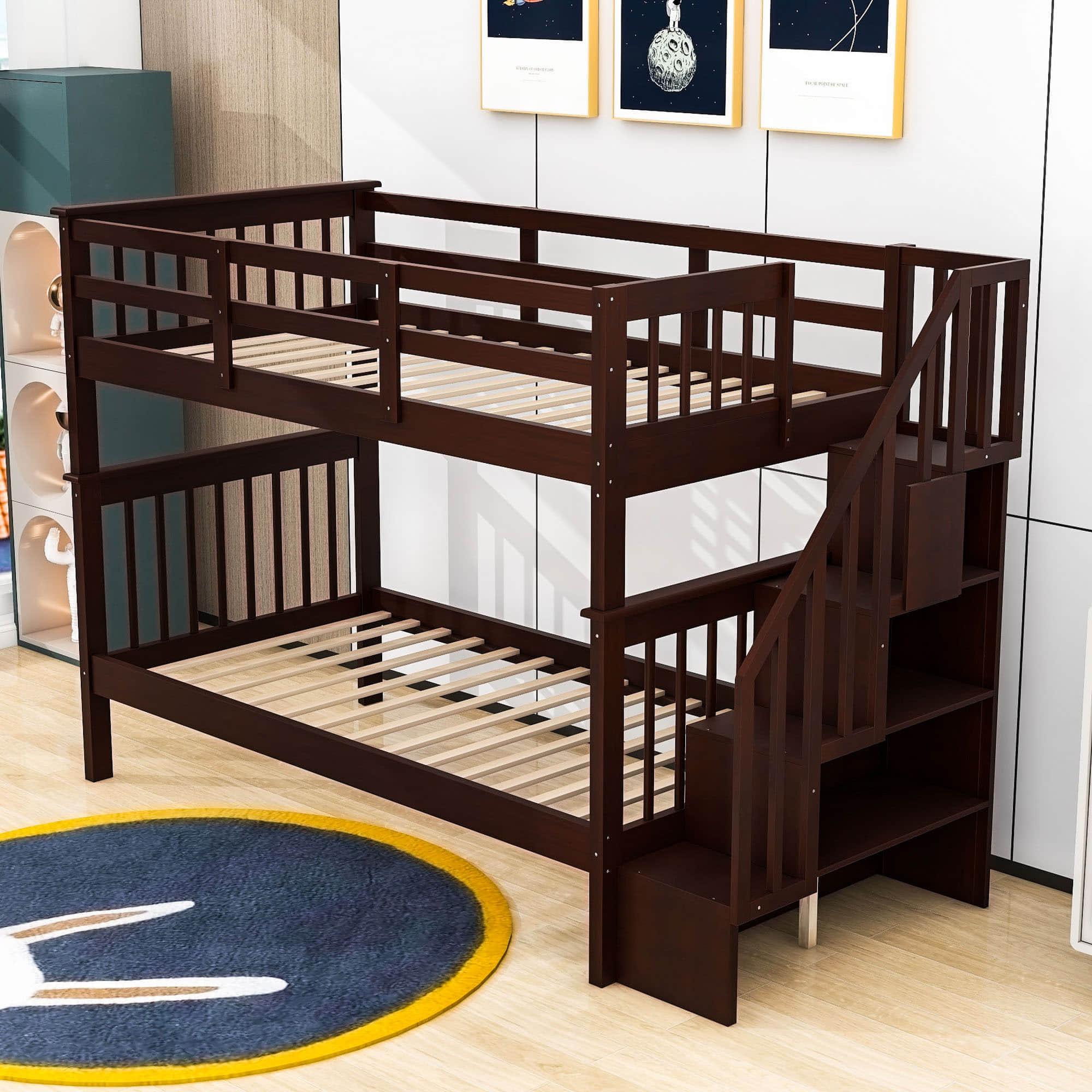 Twin Over Twin Bunk Beds with Stairs and Storage for Kids - [Wood, Convertible]