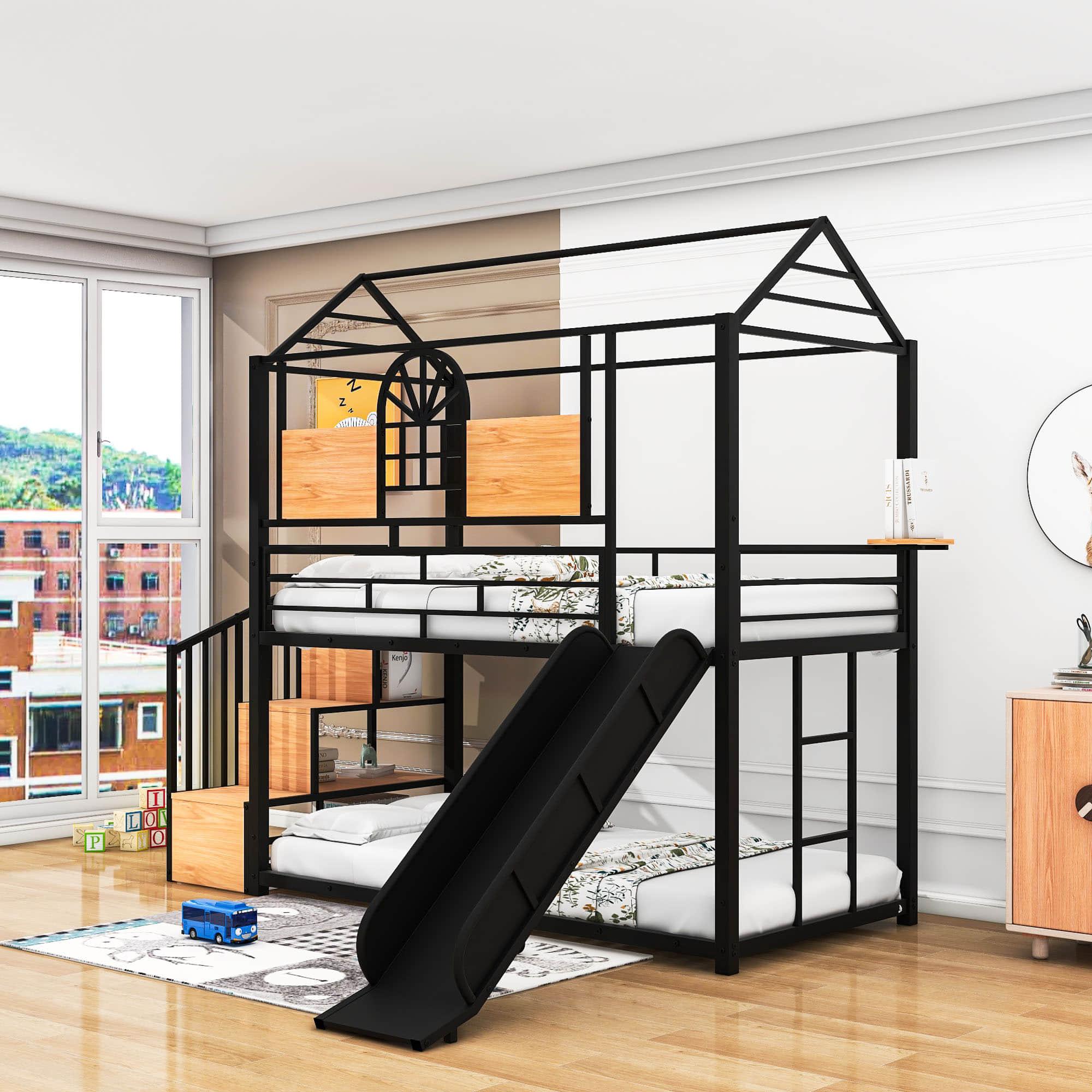 Kids Low Twin Over Twin House Metal Bunk Beds with Stairs and Slide