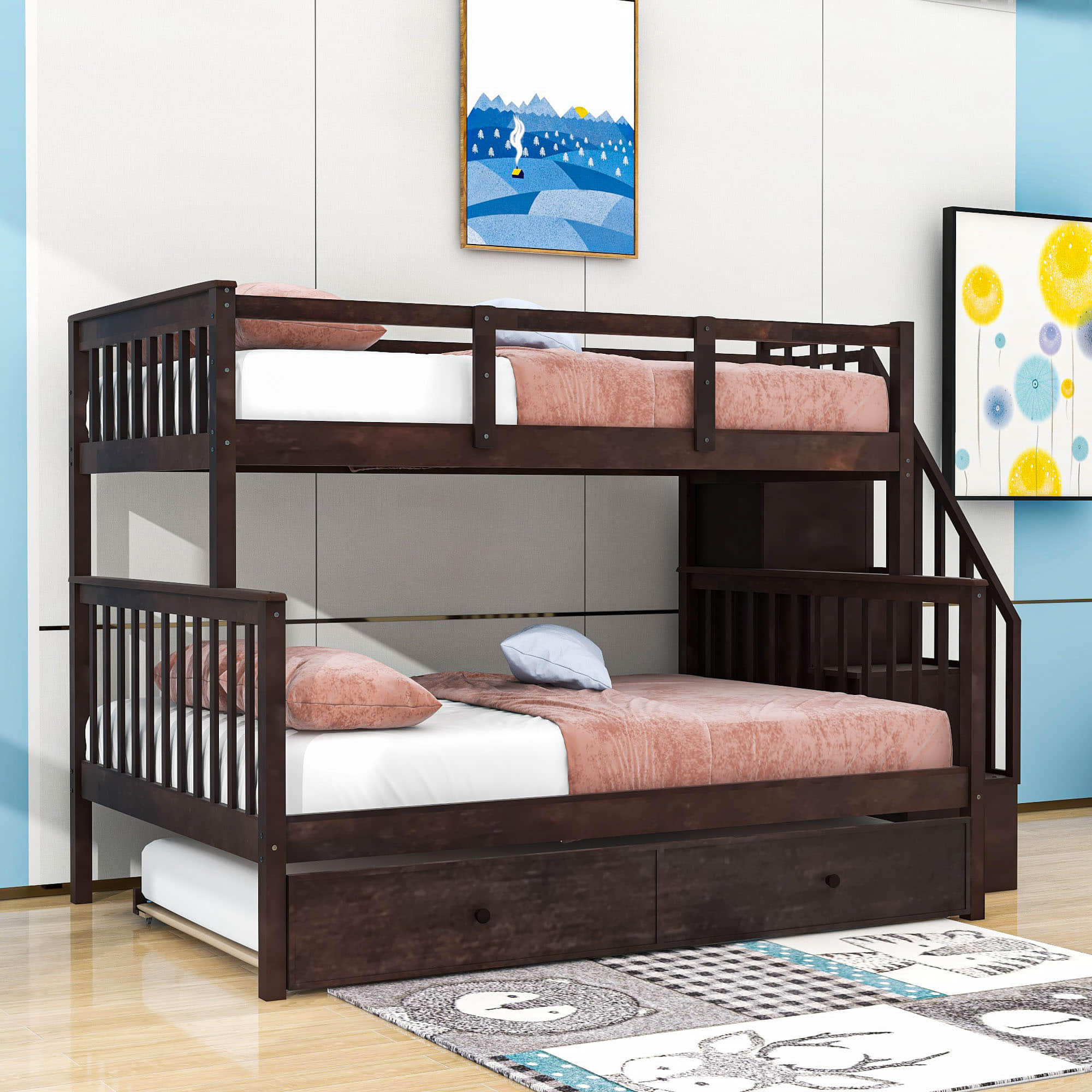 Twin Over Full Bunk Beds for Kids, Adults with Trundle and Storage