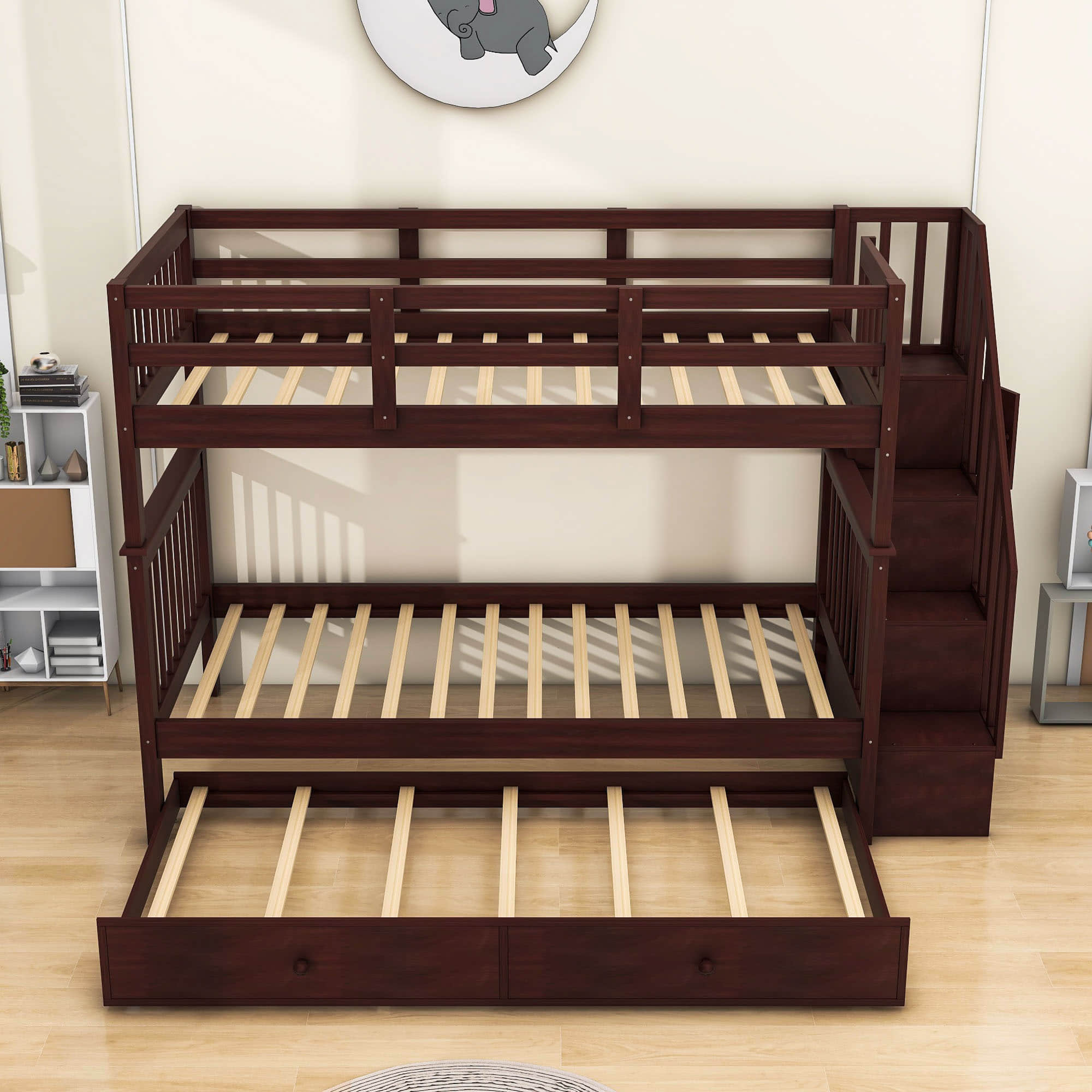 Twin Over Twin Bunk Beds with Stairs and Trundle, Storage - [Convertible, Shelves]