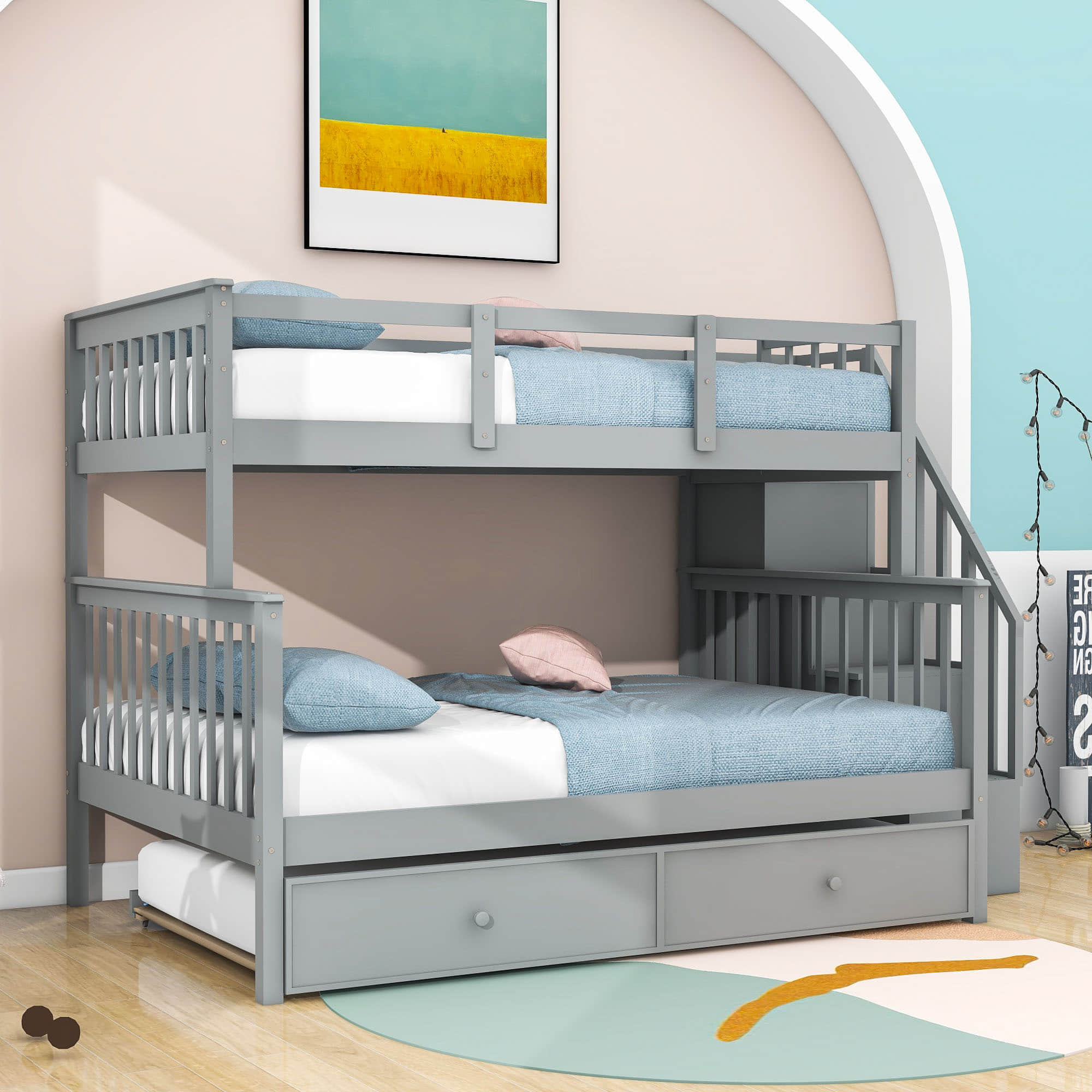 Twin Over Full Bunk Beds for Kids, Adults with Trundle and Storage