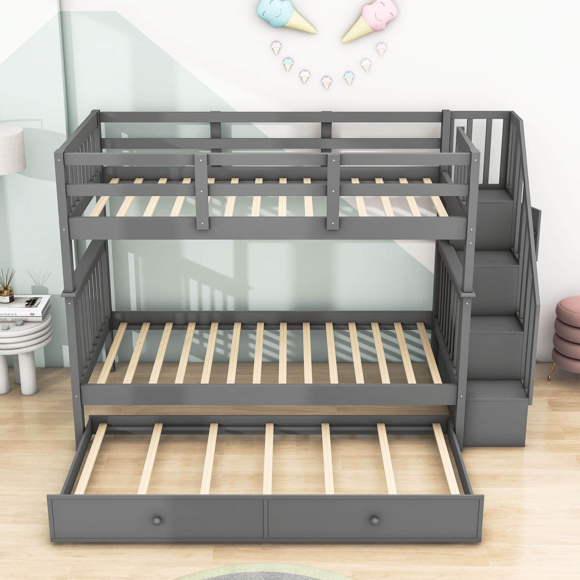 Twin Over Twin Bunk Beds with Stairs and Trundle, Storage - [Convertible, Shelves]