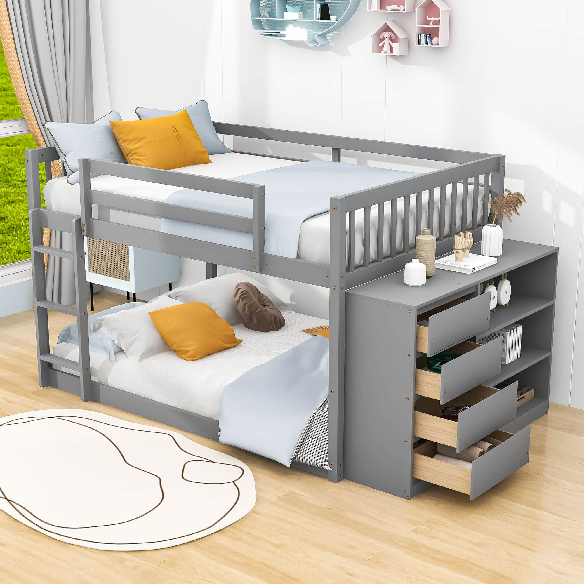 Low Full Over Full Bunk Beds for Kids, Toddlers with Storage - [Wood]