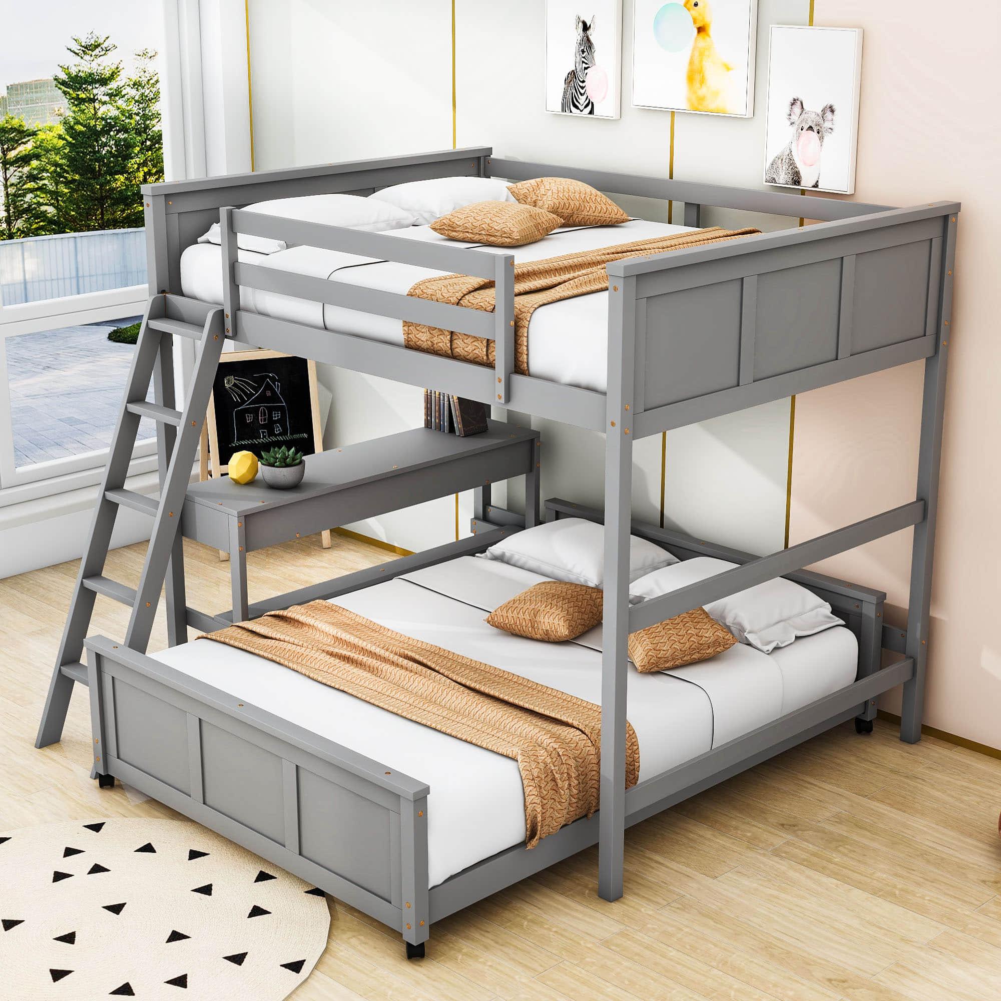 L-Shaped Full Over Full Bunk Beds with Desk and Storage Drawers Wooden