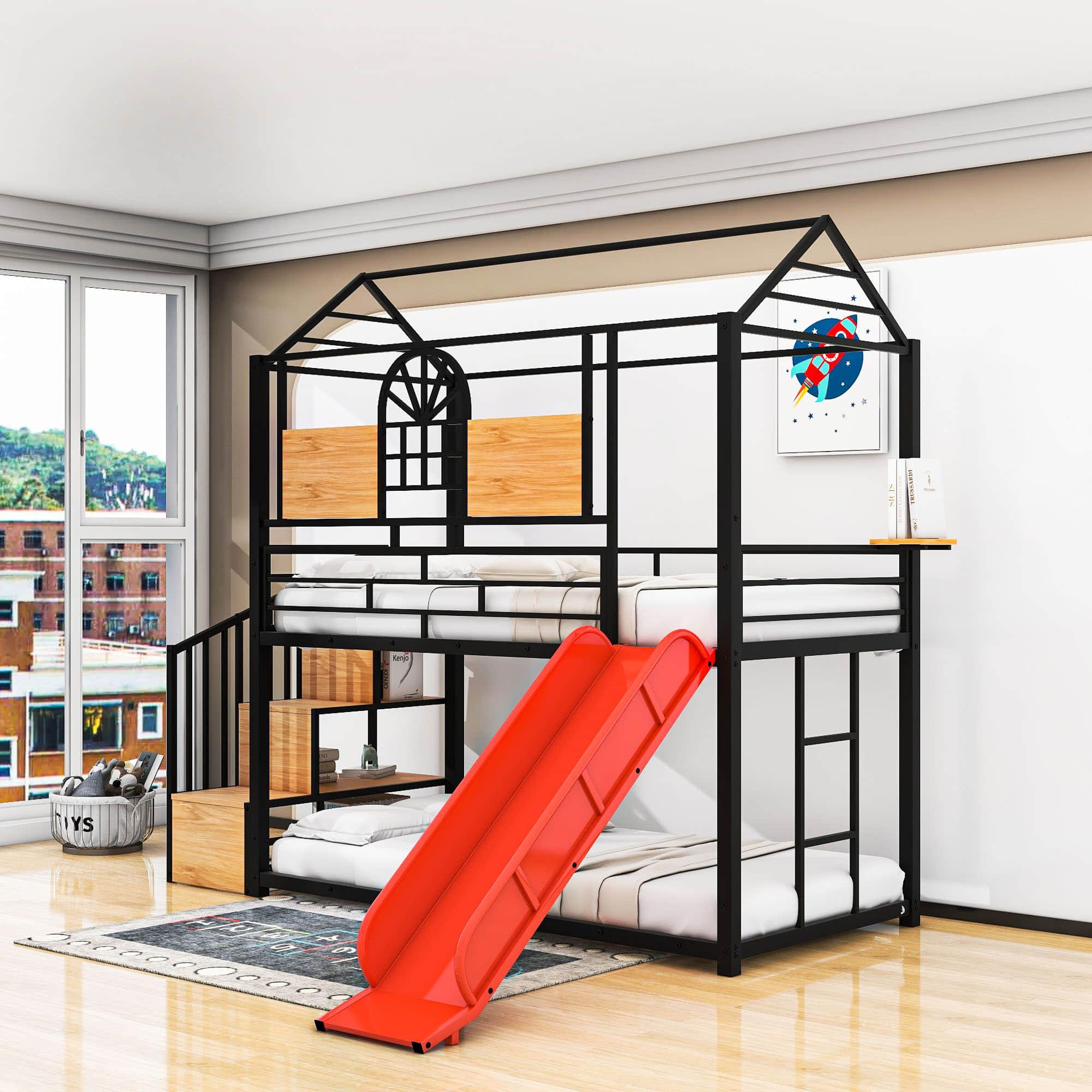 Kids Low Twin Over Twin House Metal Bunk Beds with Stairs and Slide