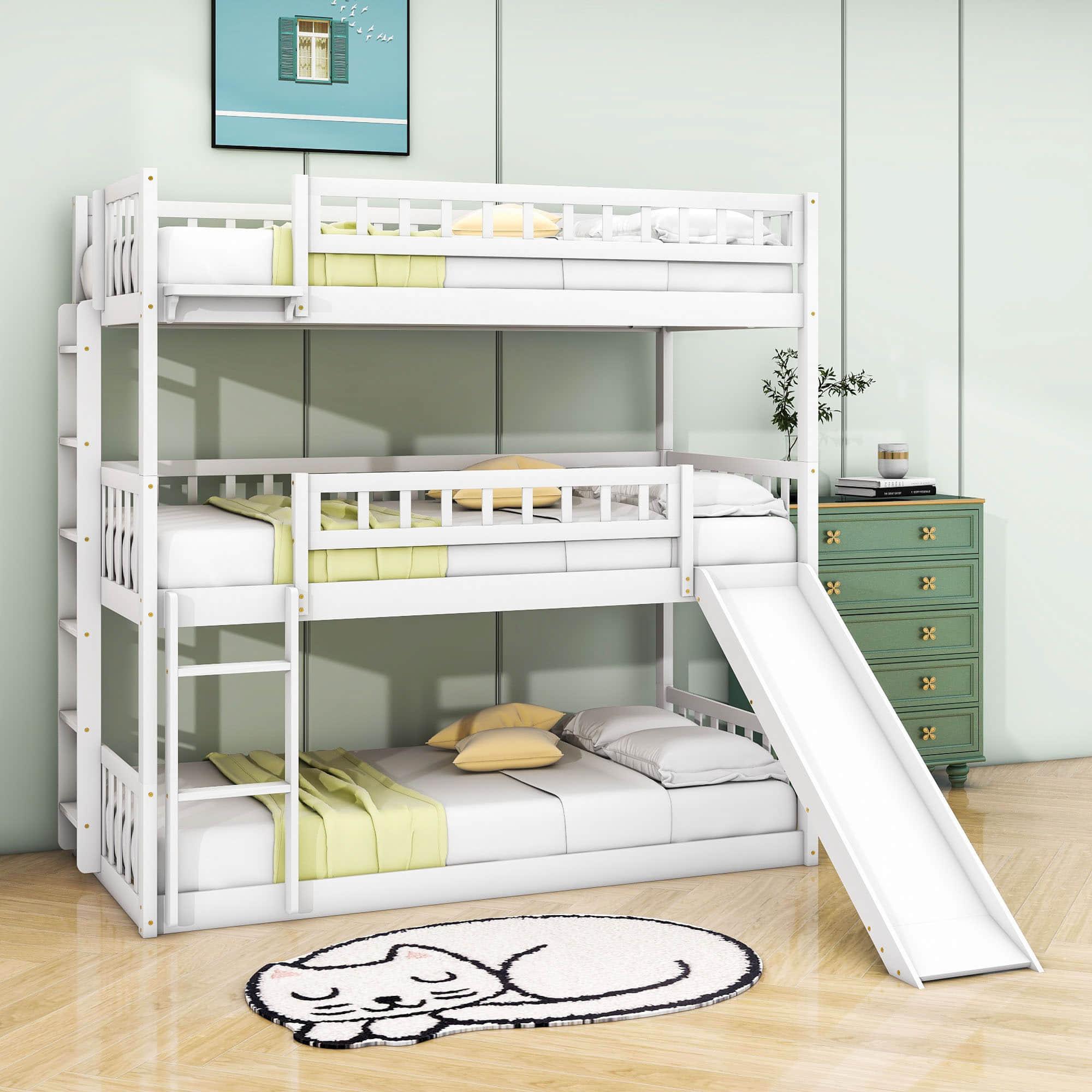 3 Level Low Twin Triple Bunk Beds with Slide for Kids, Toddler - [Wood, Convertible]