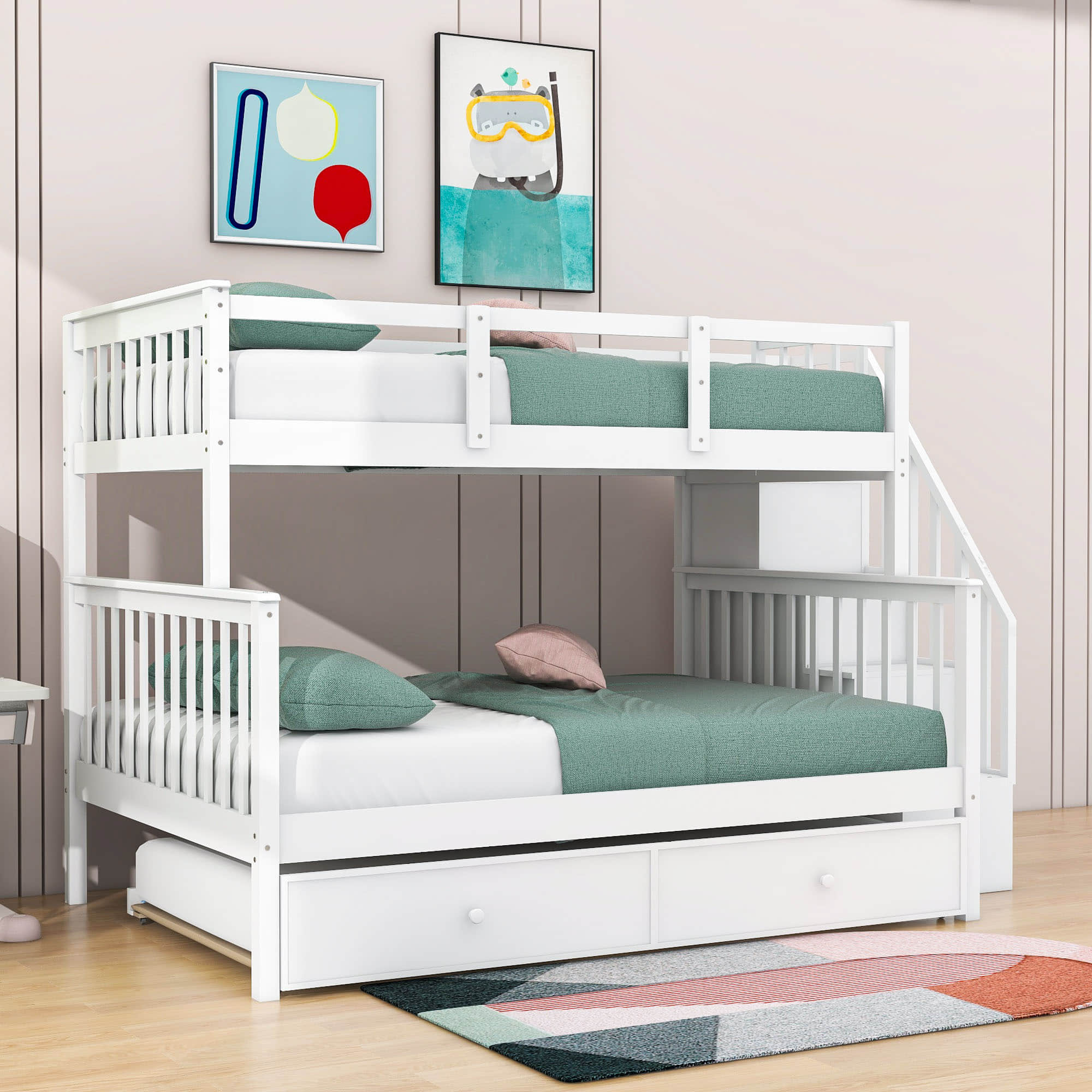 Twin Over Full Bunk Beds for Kids, Adults with Trundle and Storage