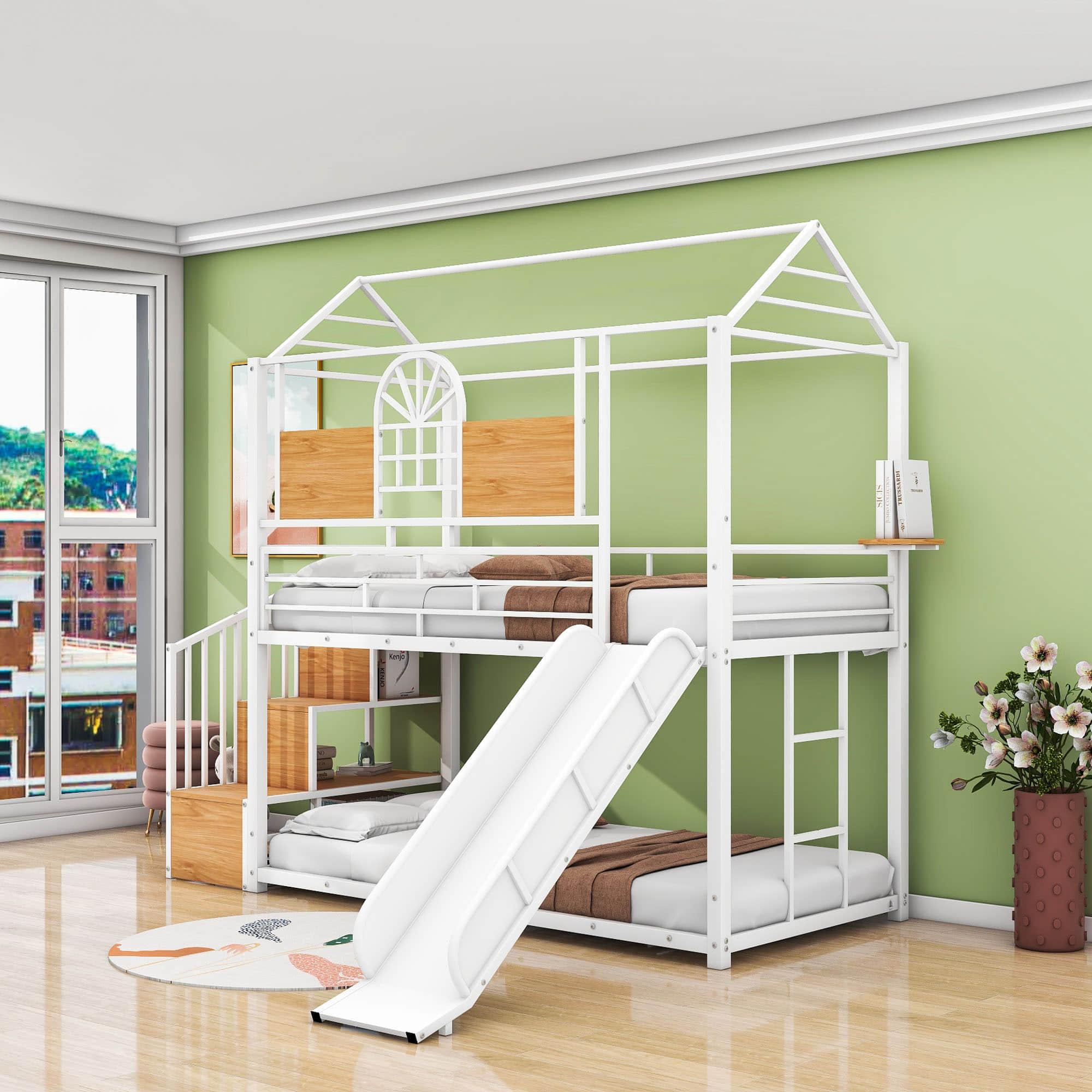 Kids Low Twin Over Twin House Metal Bunk Beds with Stairs and Slide