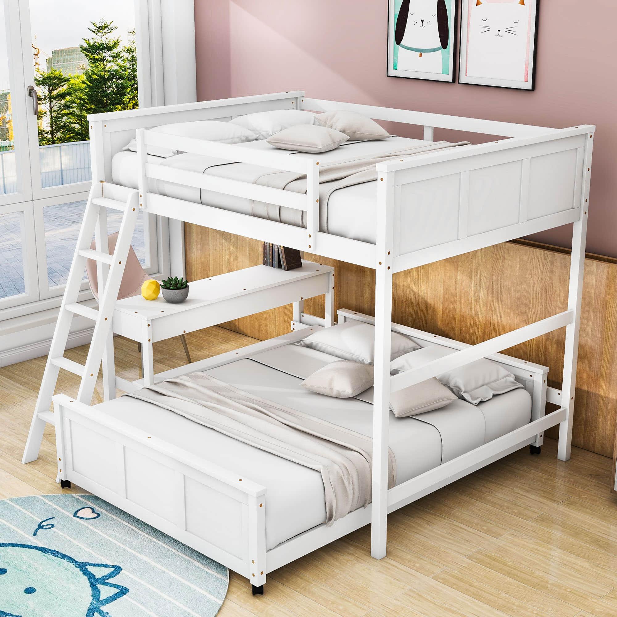 L-Shaped Full Over Full Bunk Beds with Desk and Storage Drawers Wooden