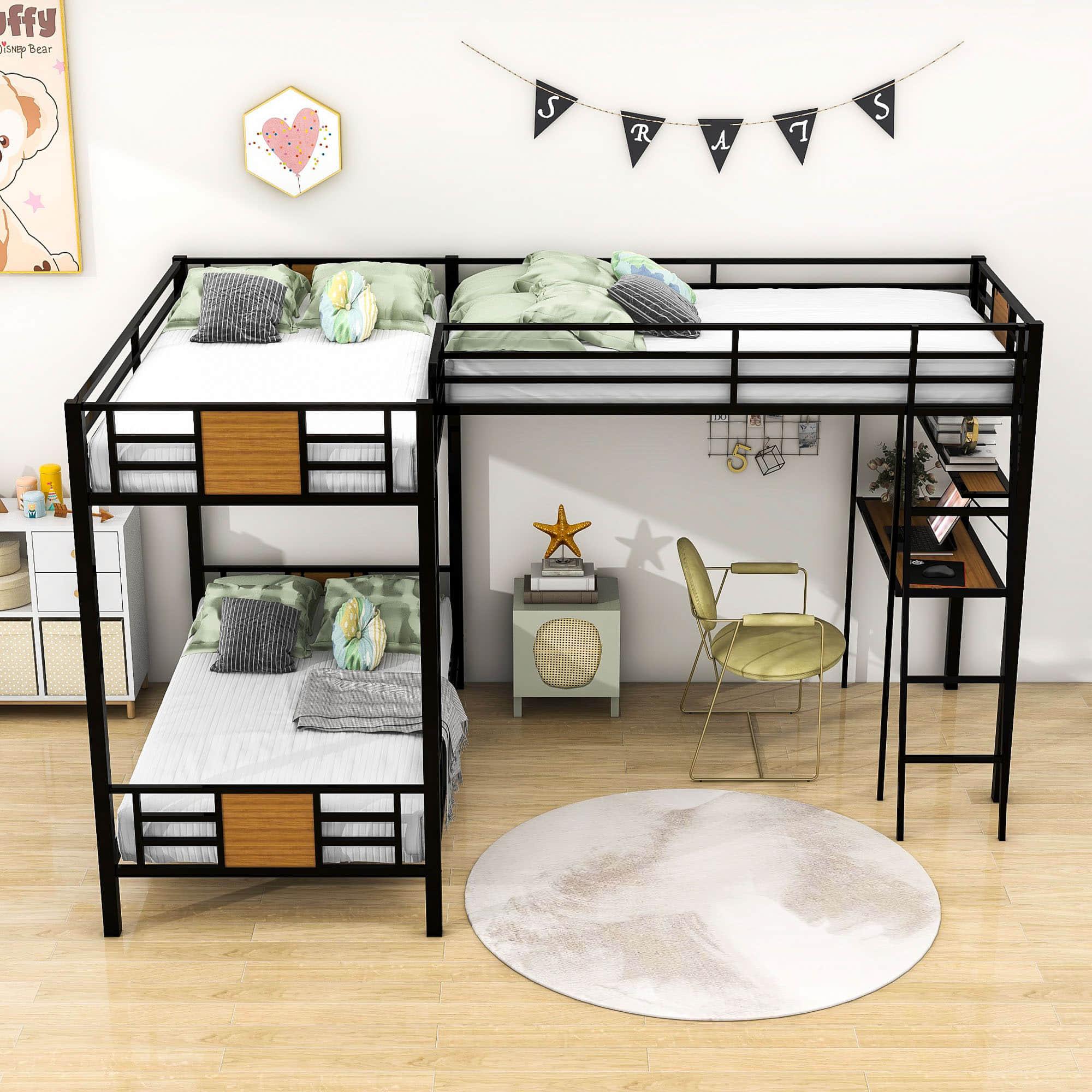 Twin Over Twin Loft Triple Bunk Beds with Desk and Storage for Kids - Metal