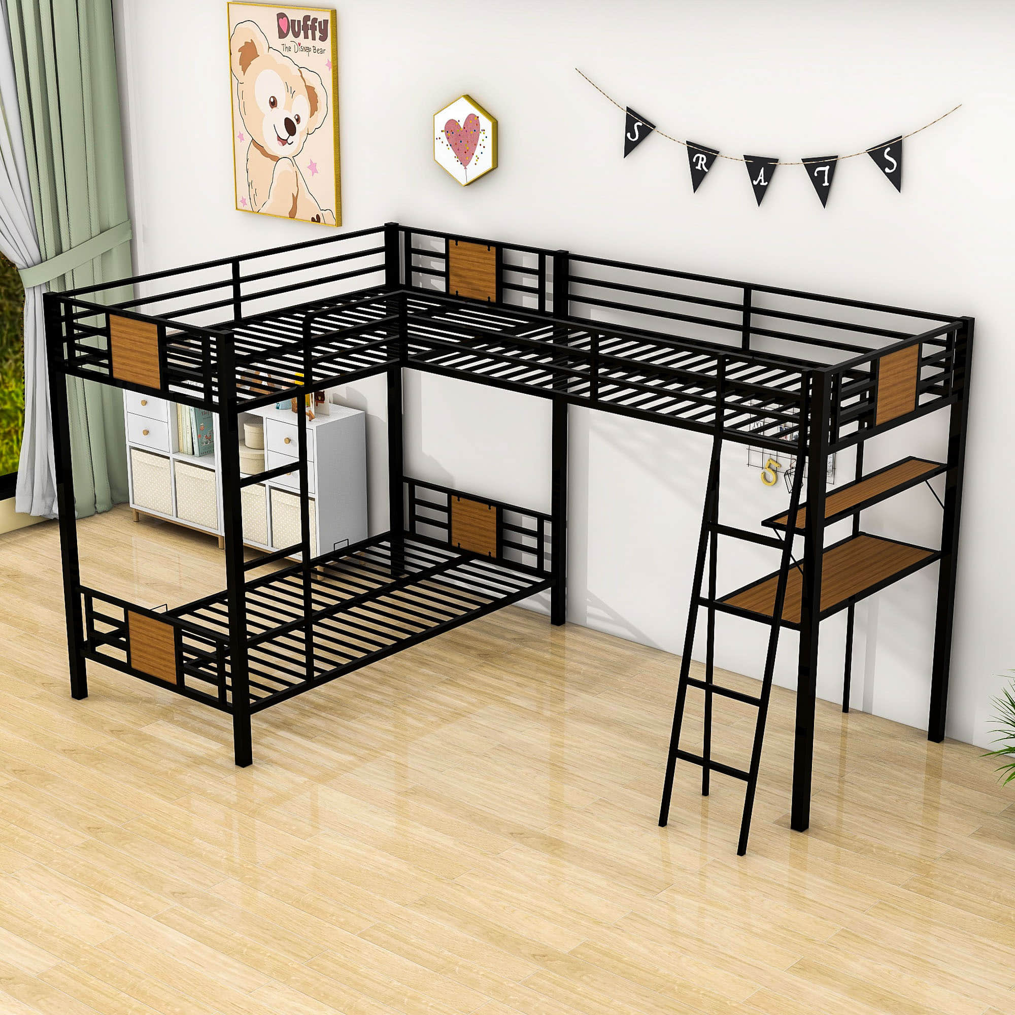 Twin Over Twin Loft Triple Bunk Beds with Desk and Storage for Kids - Metal