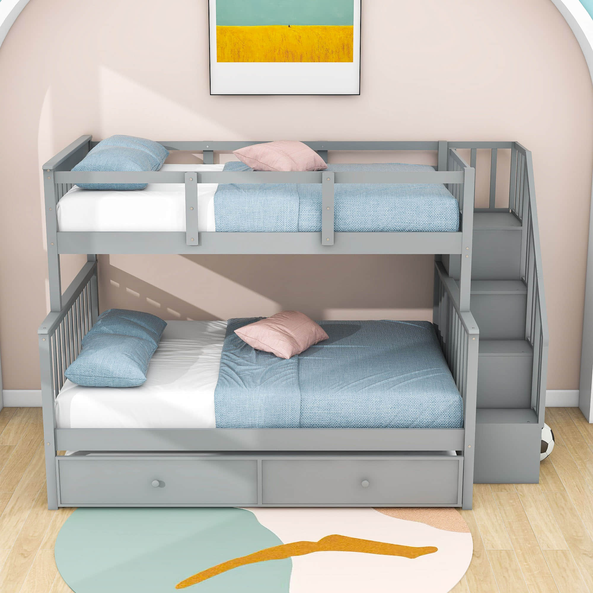 Twin Over Full Bunk Beds for Kids, Adults with Trundle and Storage