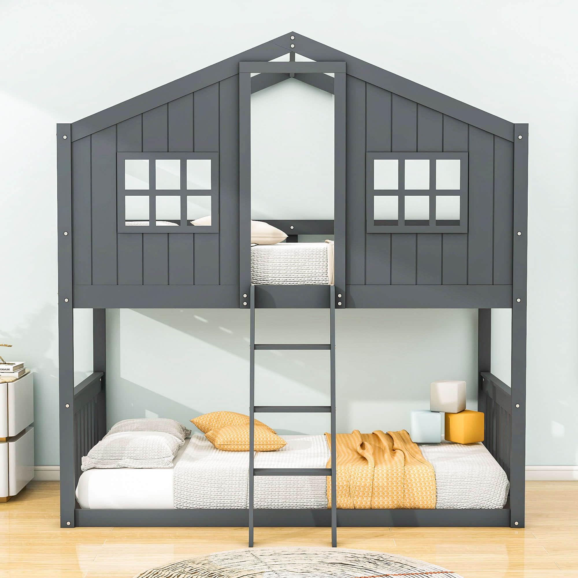 Low Twin Over Twin House Bunk Beds for Kids Toddler - [Wooden, Floor]