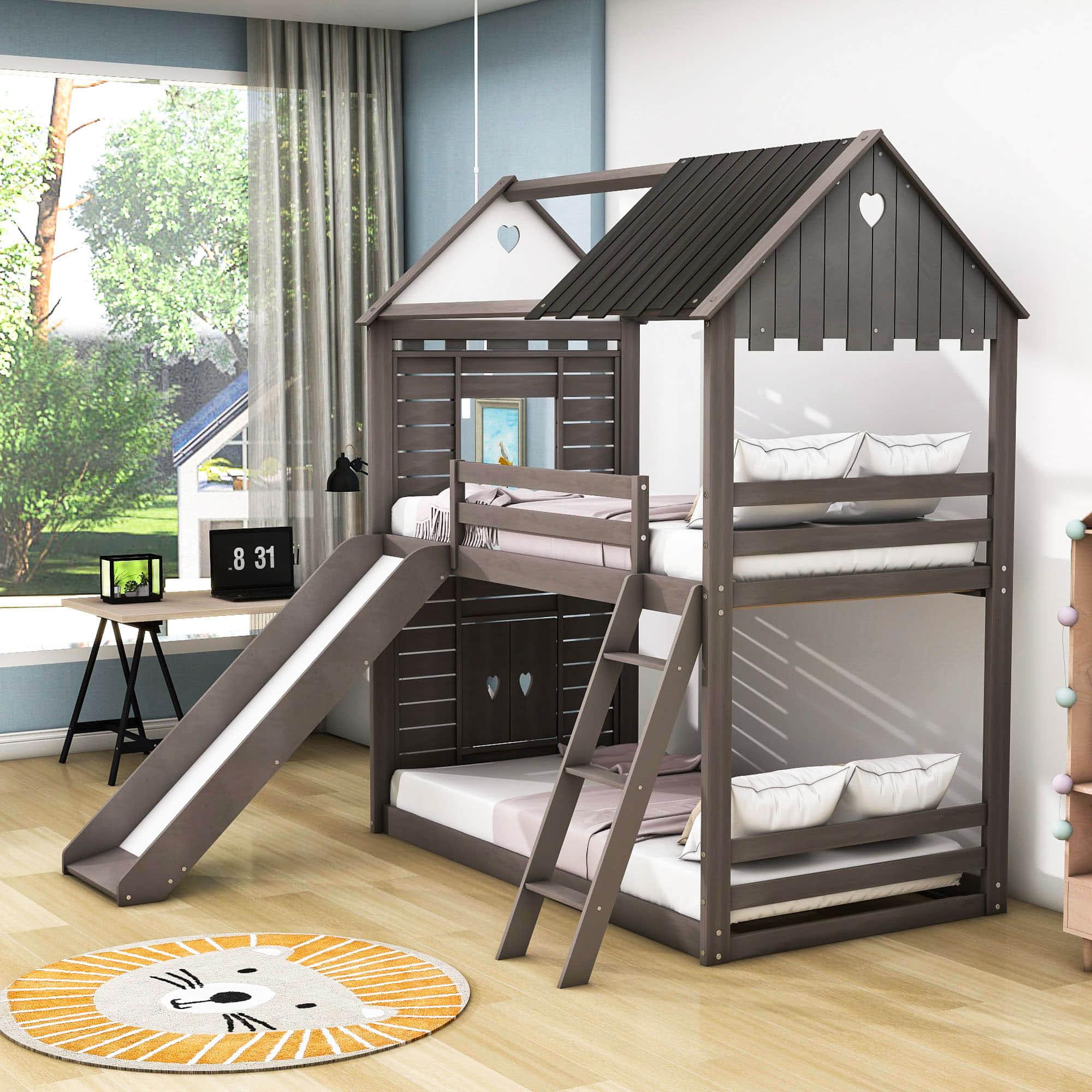 Low Twin Over Twin FarmHouse Bunk Beds with Slide for Kids, Toddler - [Wood, Floor]