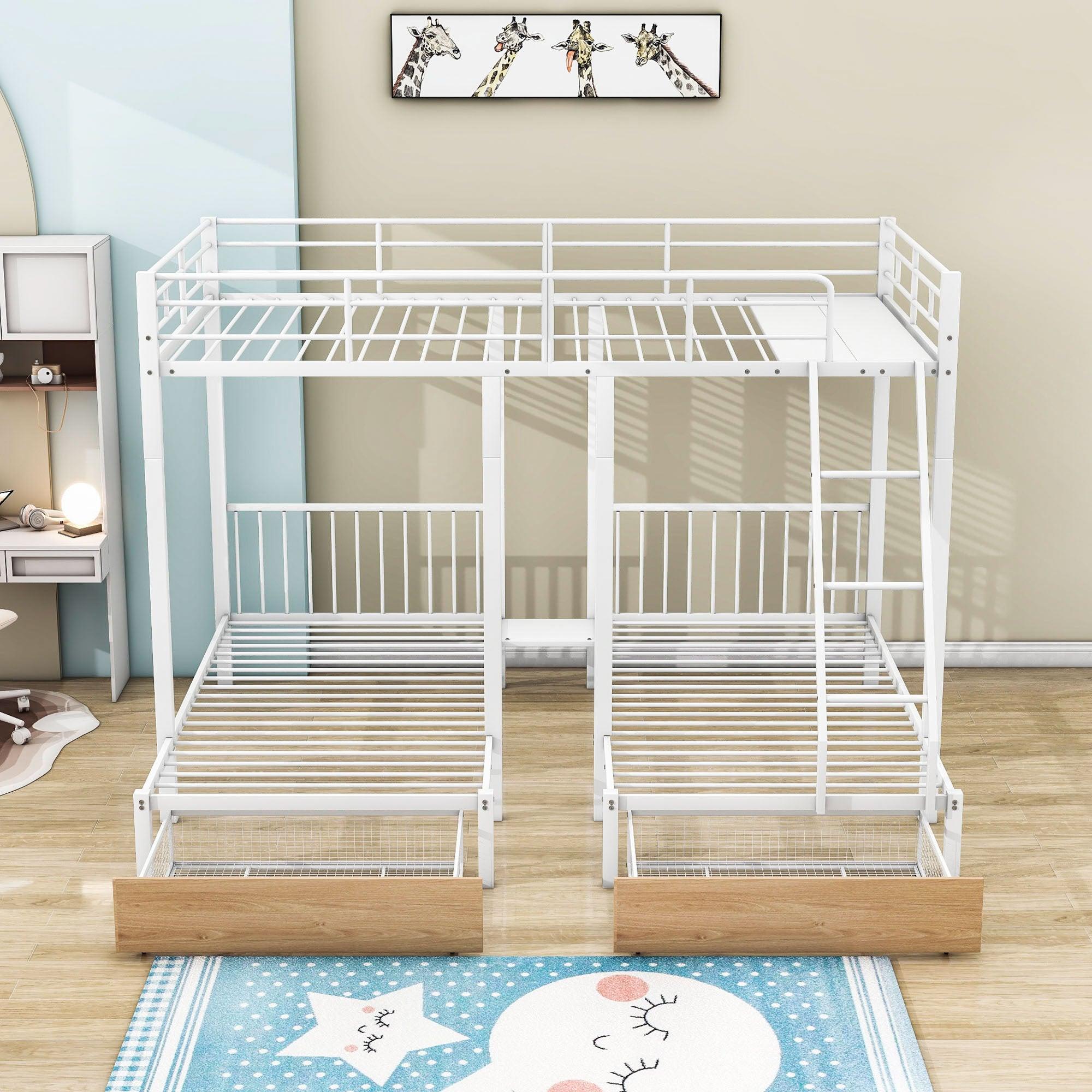 Full Over Twin & Twin Triple Bunk Beds with Storage - [Metal, Drawers, Table]