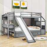 Low Twin Over Twin Bunk Bed with Desk and Stairs, Slide, Storage